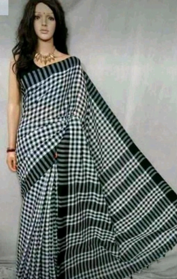 Handloom  Checked  Cotton Saree With Separate   Same louse Peace - Grey